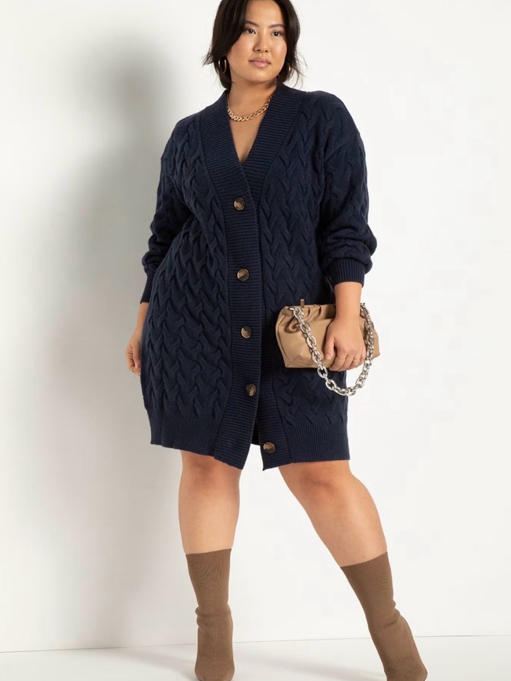 Eloquii Deep Navy novelty stitch Cable Knit Button Cardigan sweater dress new